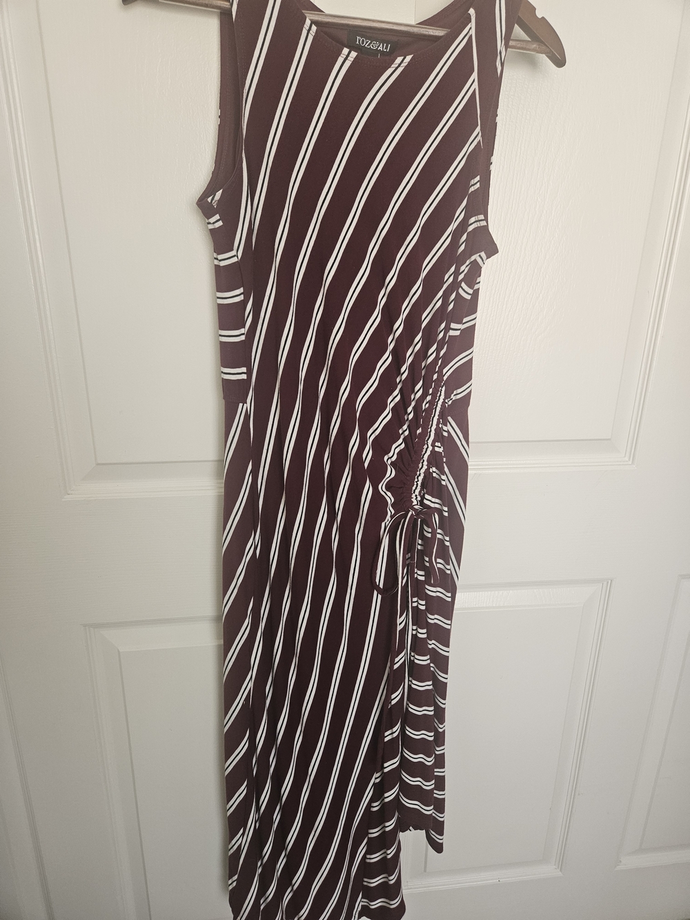 Burgundy and White Striped Maxi Dress with Side Ruched Tie